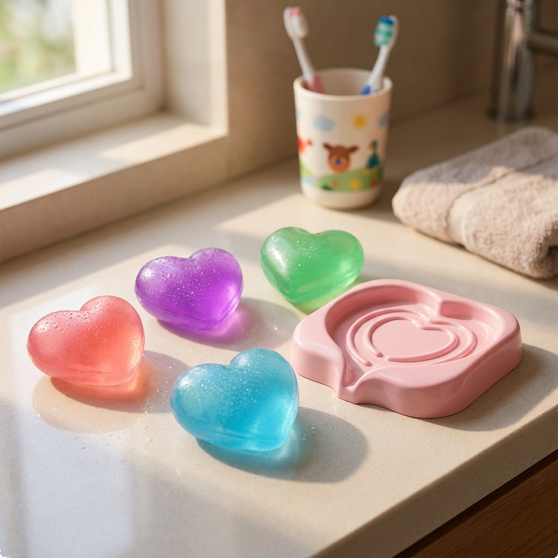 Jellzy Full Heart Set with the Heart Holder on a family bathroom counter