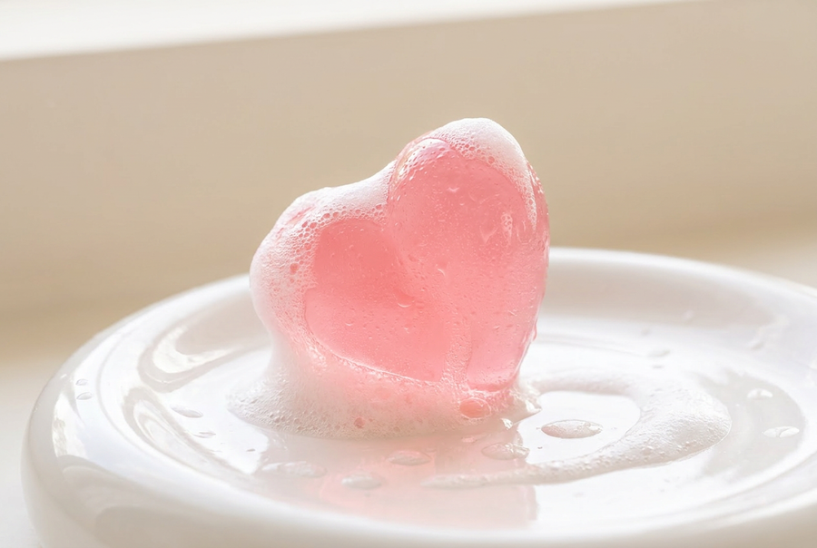 Jellzy pink heart jelly cleanser with light suds on a ceramic dish