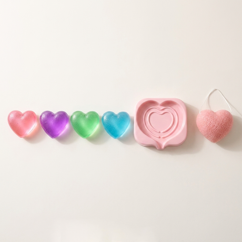 Everything in the Jellzy Full Heart Set: four hearts, konjac sponge, and the Heart Holder