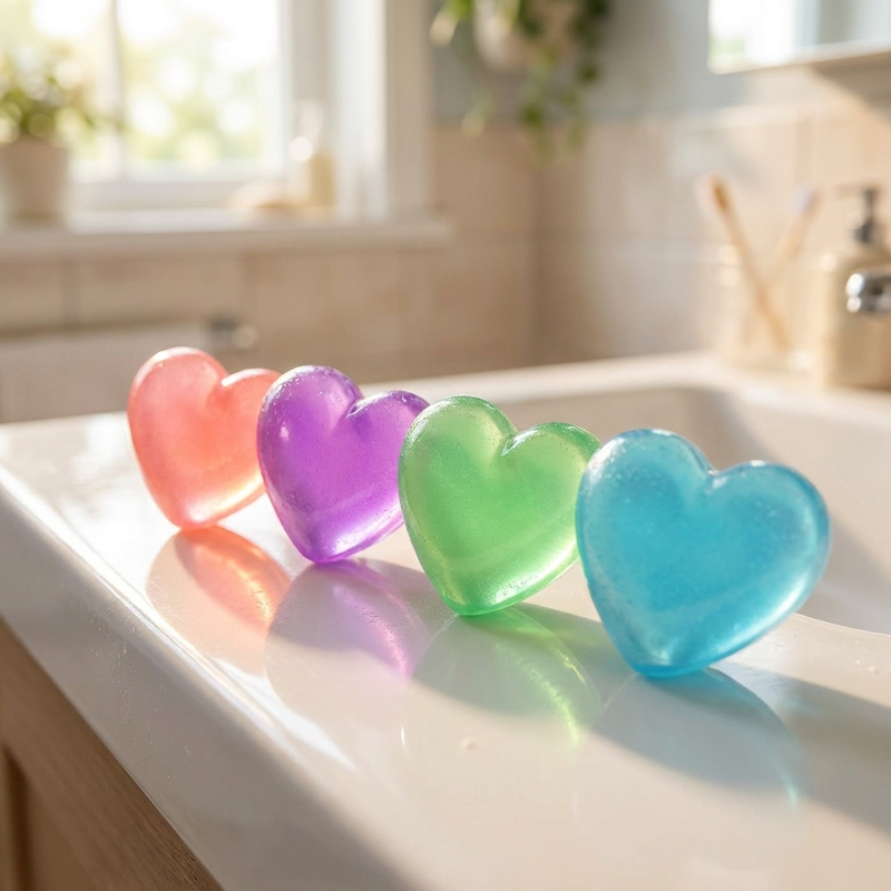 All four Jellzy heart shades lined up on a bathroom sink edge