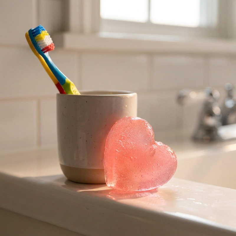 Jellzy heart next to a kids toothbrush for size reference